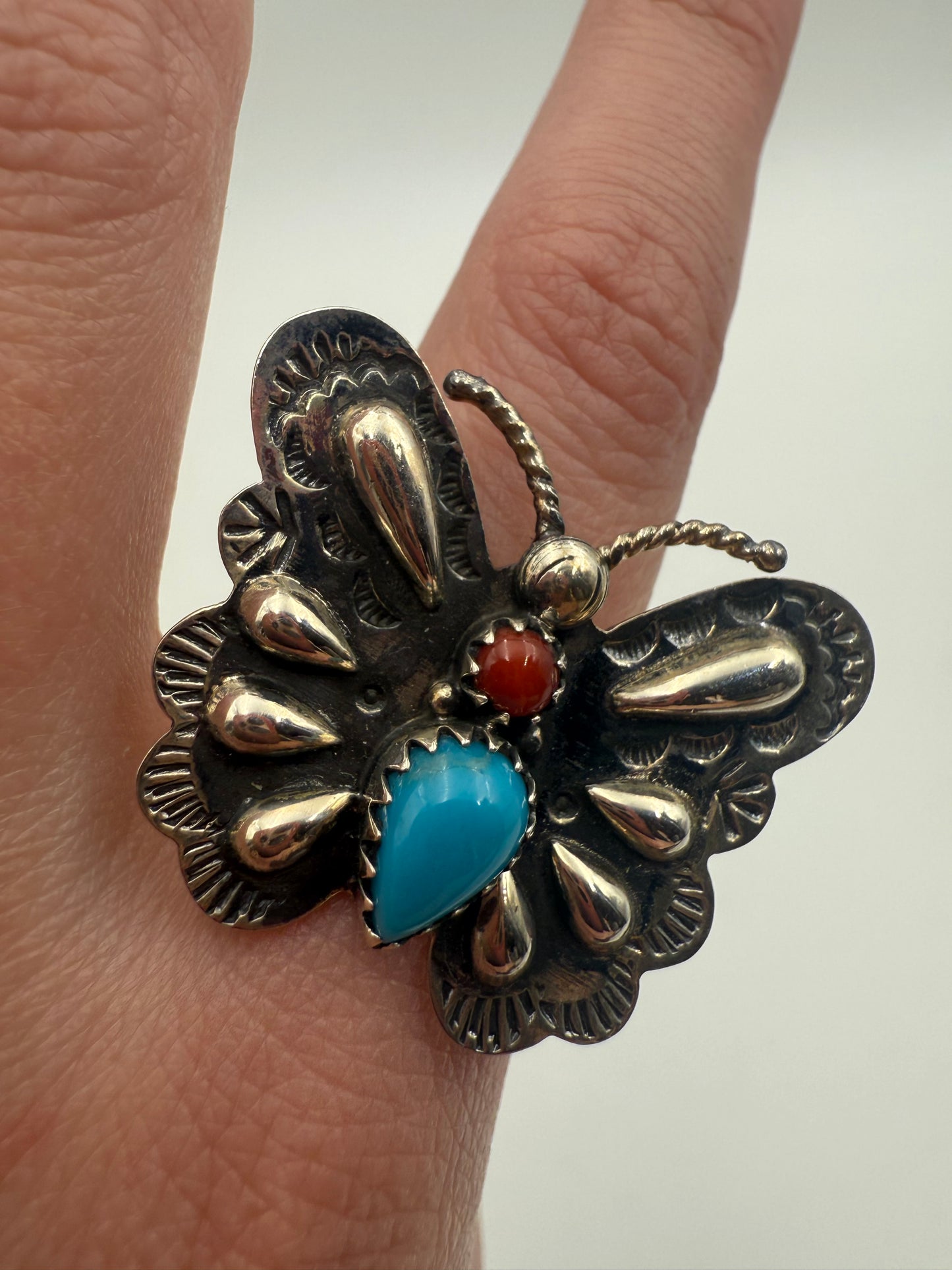 Kingman and Coral Butterfly Sterling Silver Handmade Ring - Size 8