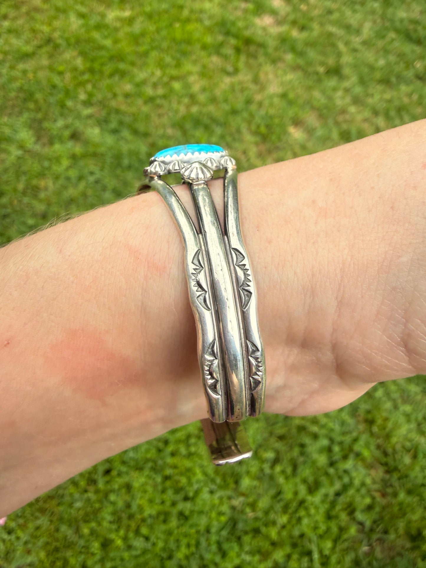Navajo White Buffalo and Turquoise  Sterling Silver Cuff by Lorraine Yellowhair