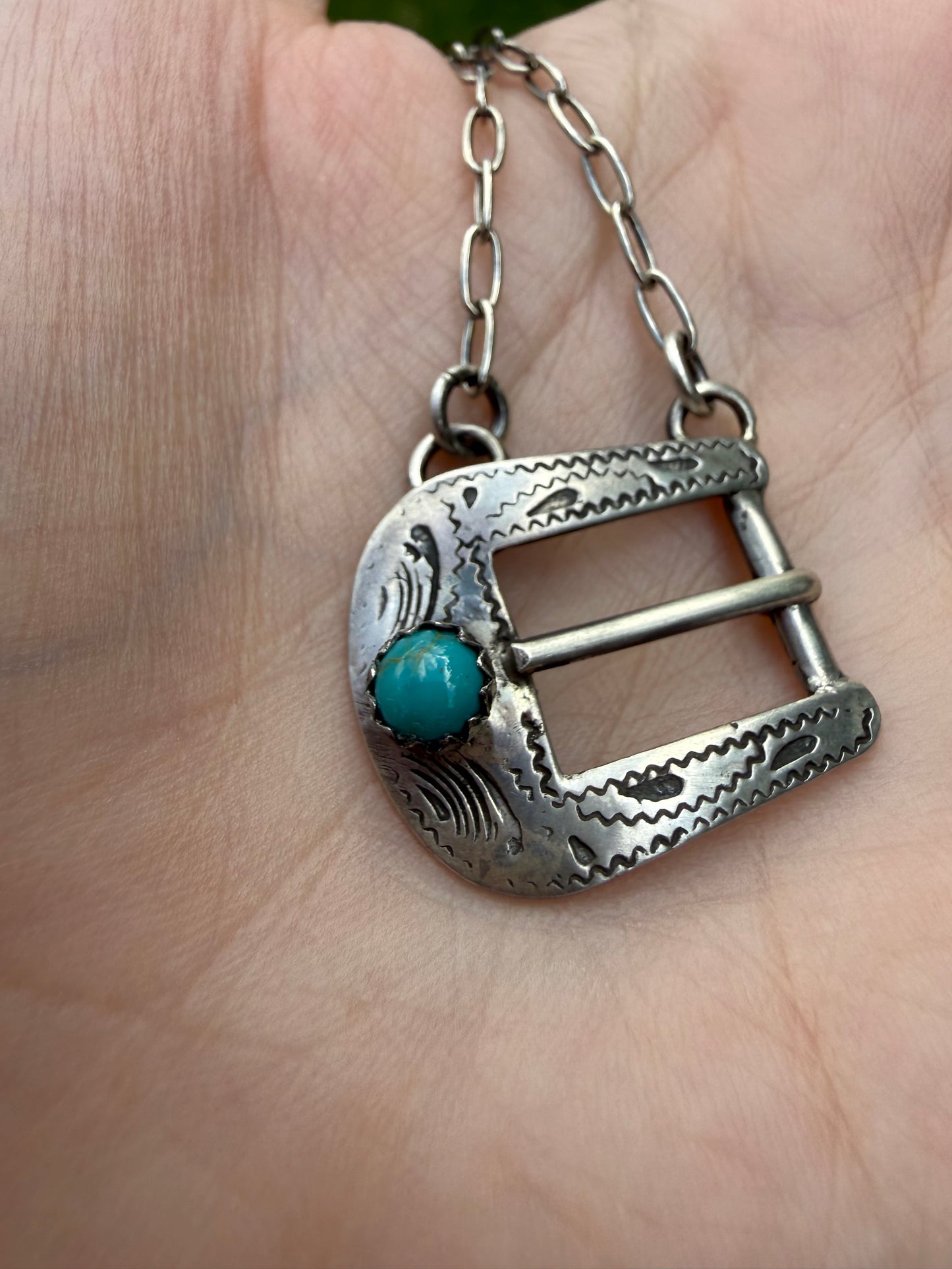 Navajo Turquoise Belt Buckle Sterling Silver Necklace