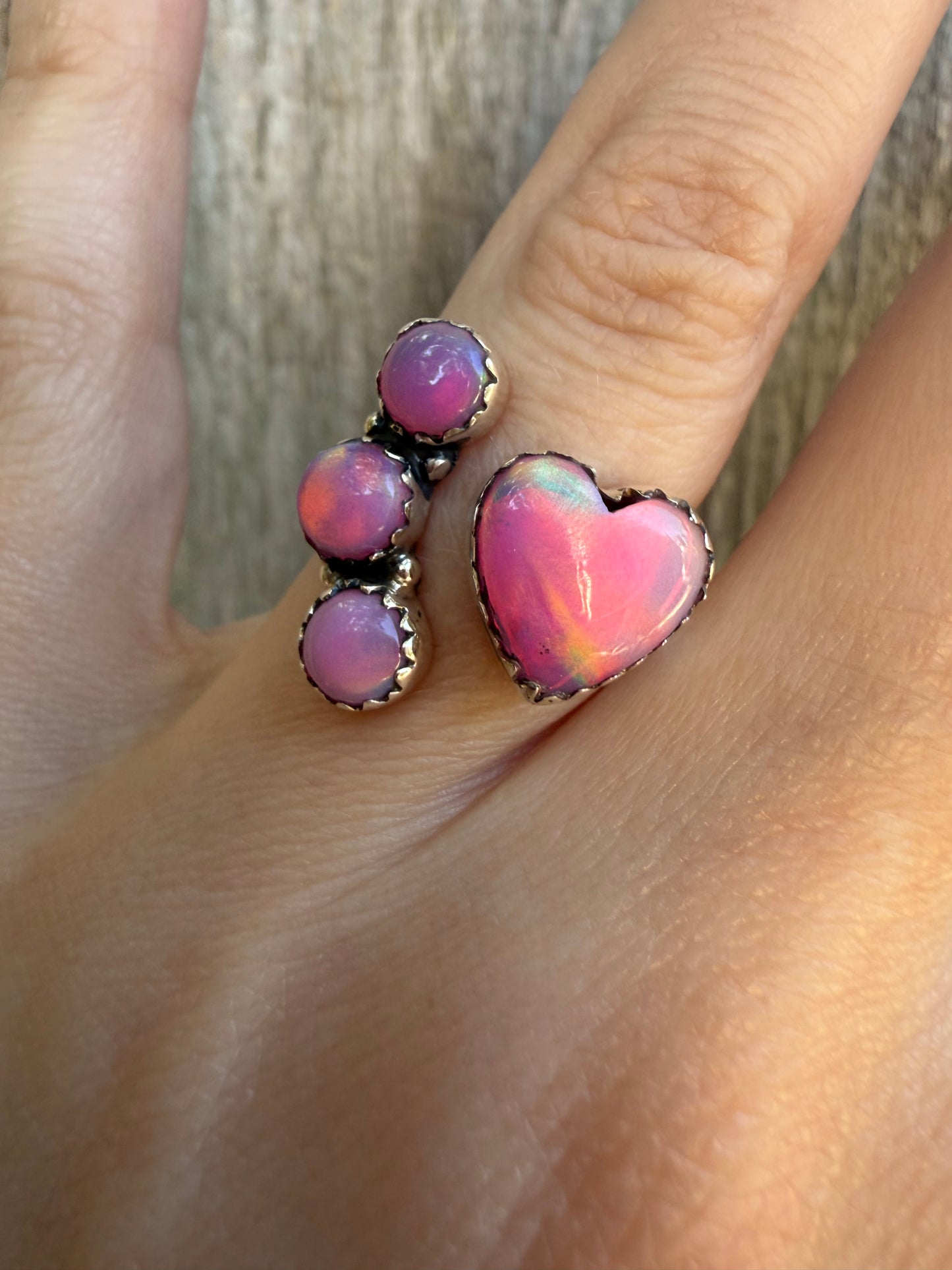 Pink Balloon Opal Heart Floater Sterling Silver Ring