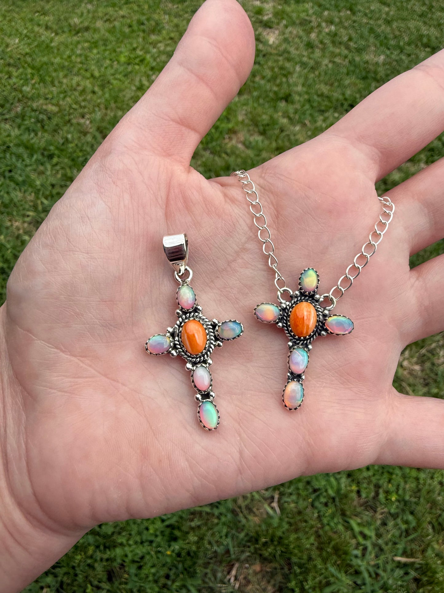 Orange Spiny and Balloon Opal Cross Sterling Silver Pendant Or Necklace