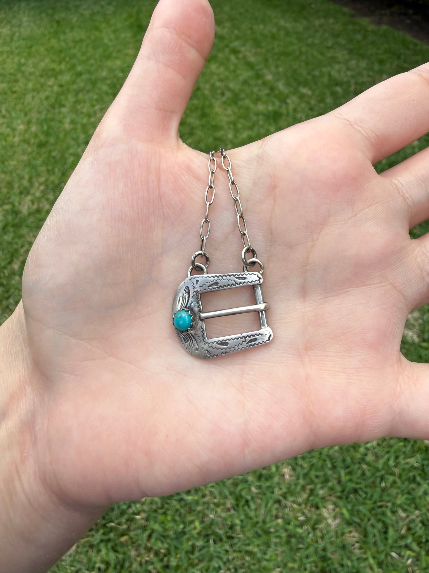 Navajo Turquoise Belt Buckle Sterling Silver Necklace