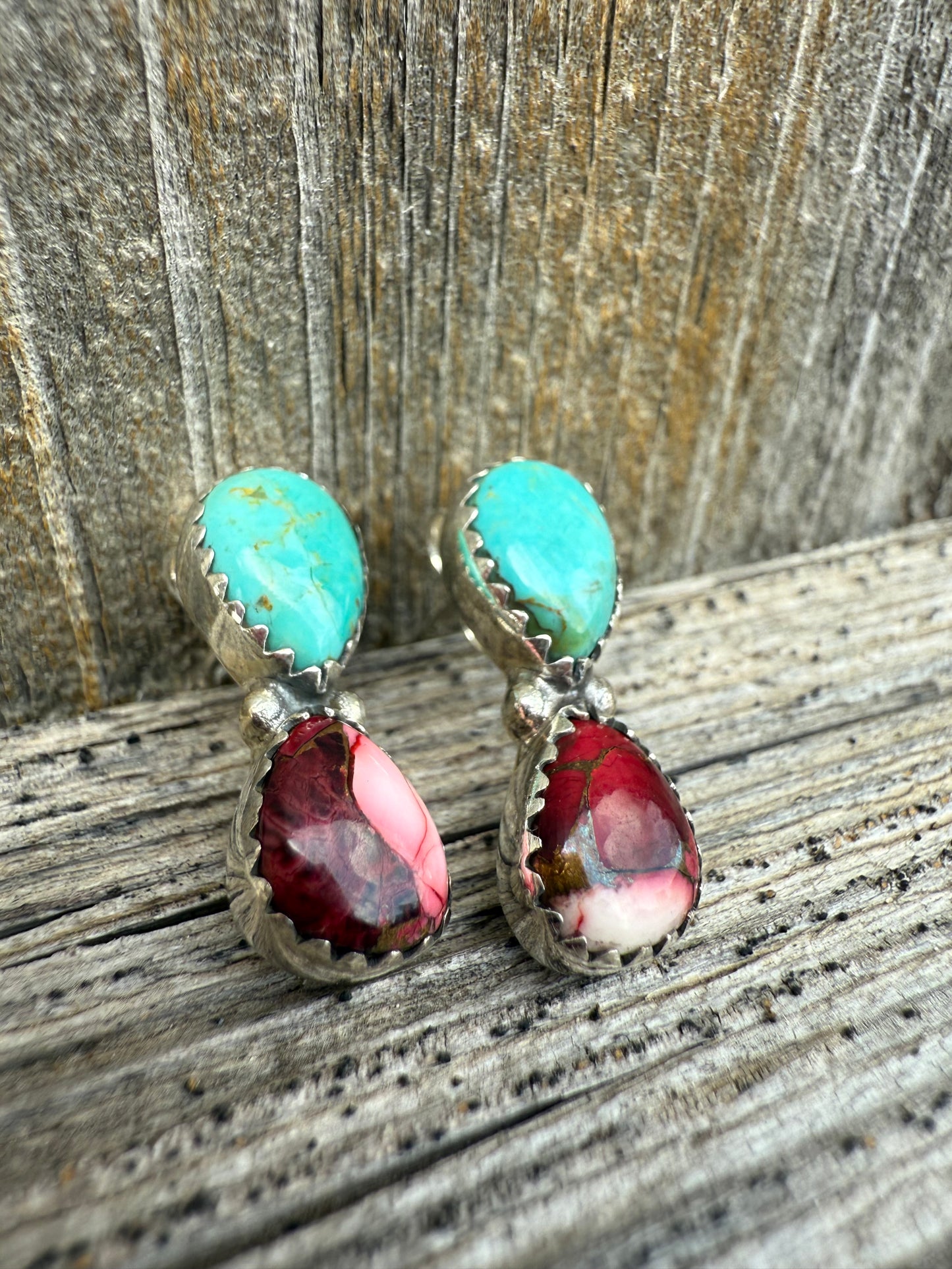 Turquoise and Rose Dahlia Teardrop Sterling Silver 925 Earrings
