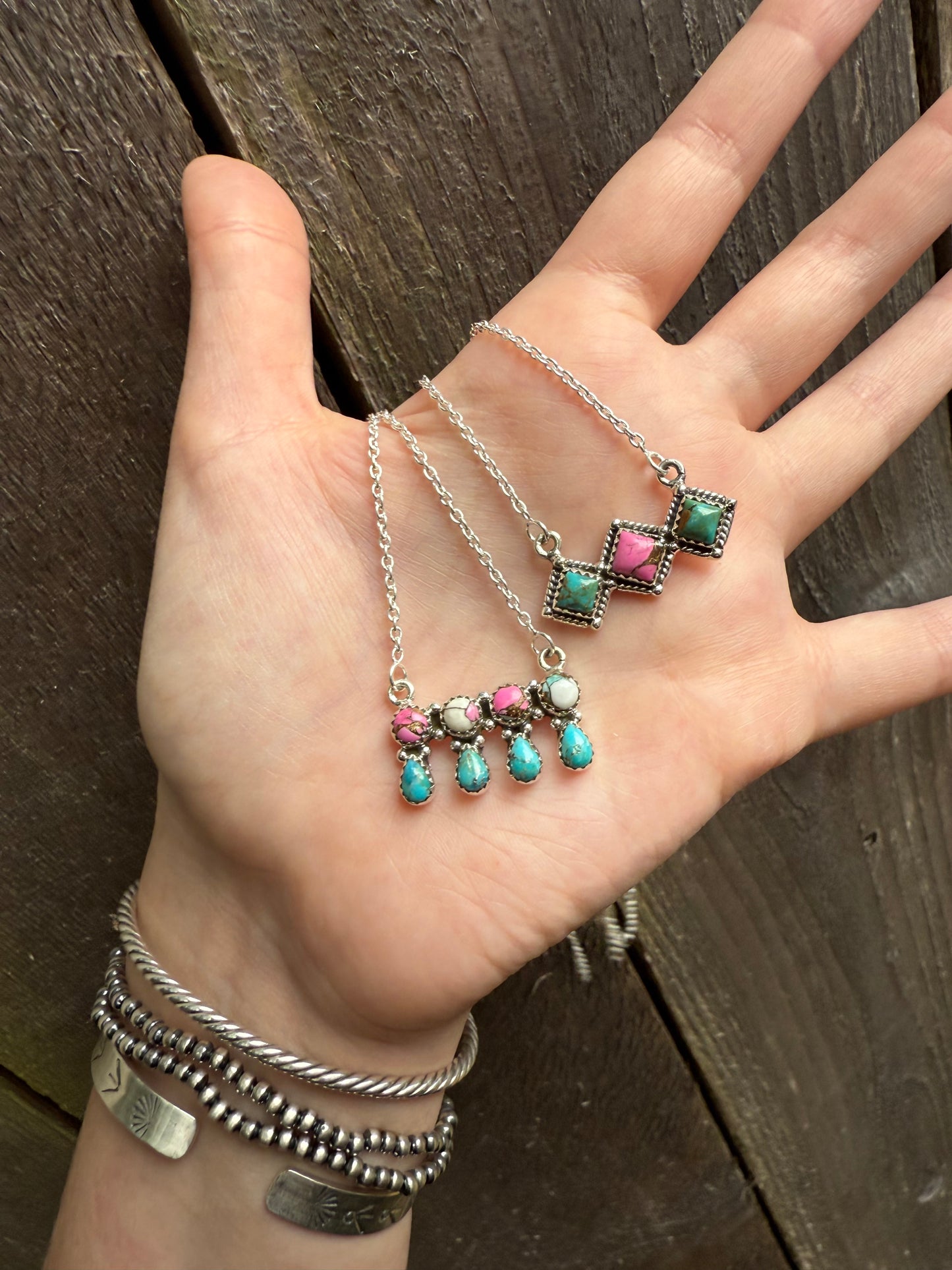 Cotton Candy And Turquoise Diamond Bar Necklace