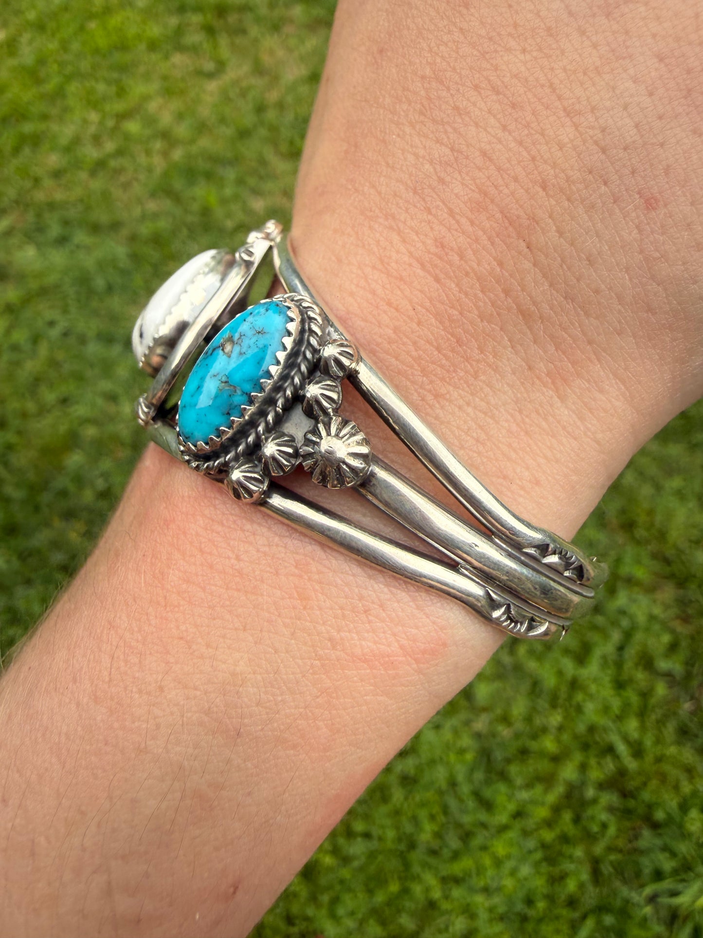 Navajo White Buffalo and Turquoise  Sterling Silver Cuff by Lorraine Yellowhair
