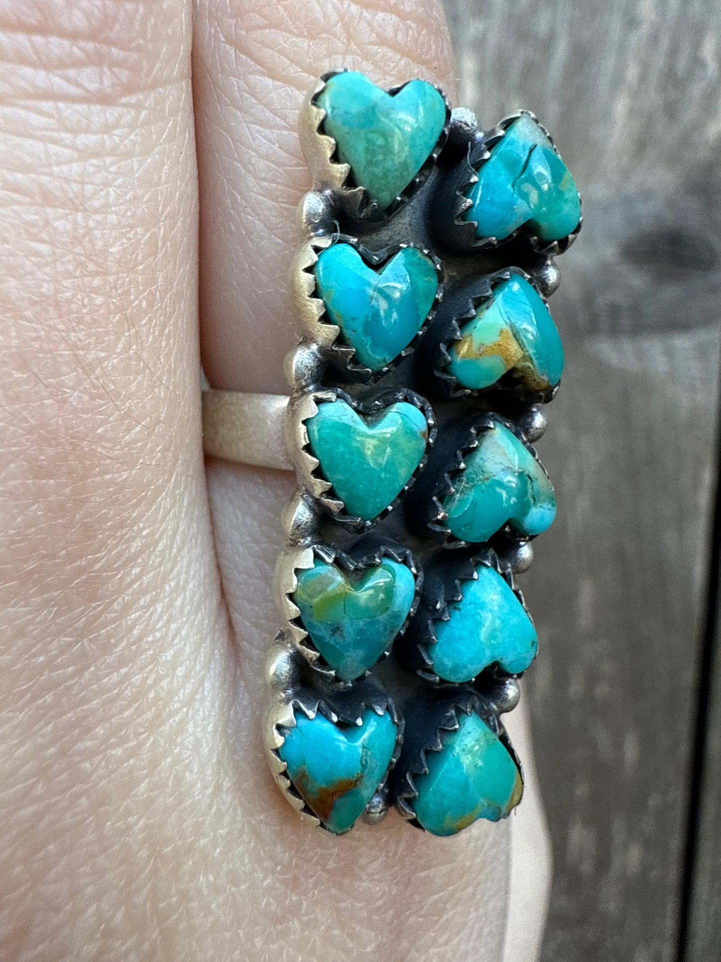 Kingman Turquoise Heart Bar Cluster Sterling Silver Ring