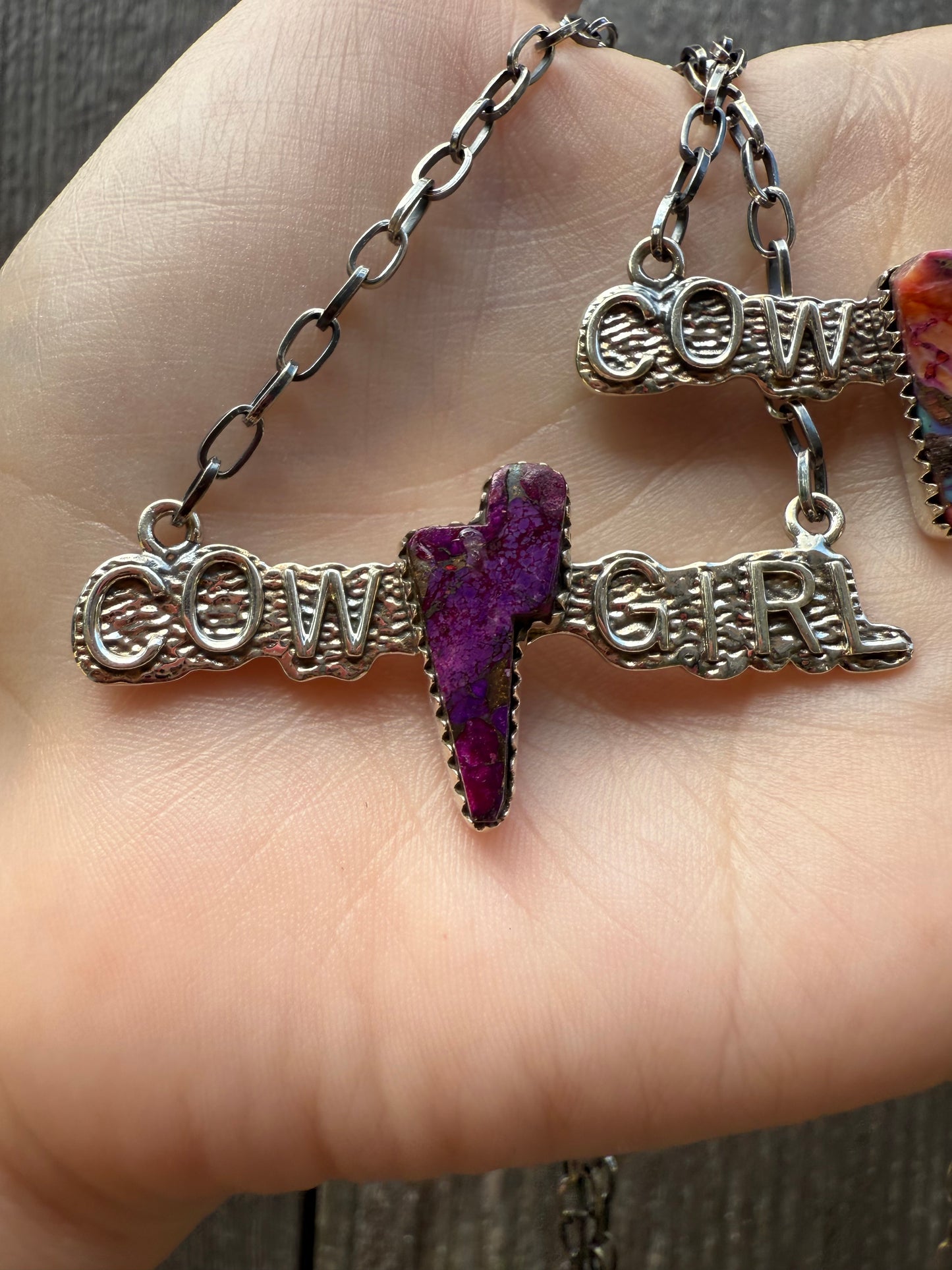 Pink Spiny and Purple Mojave Cowgirl Lightening Bolt Sterling Silver Necklace