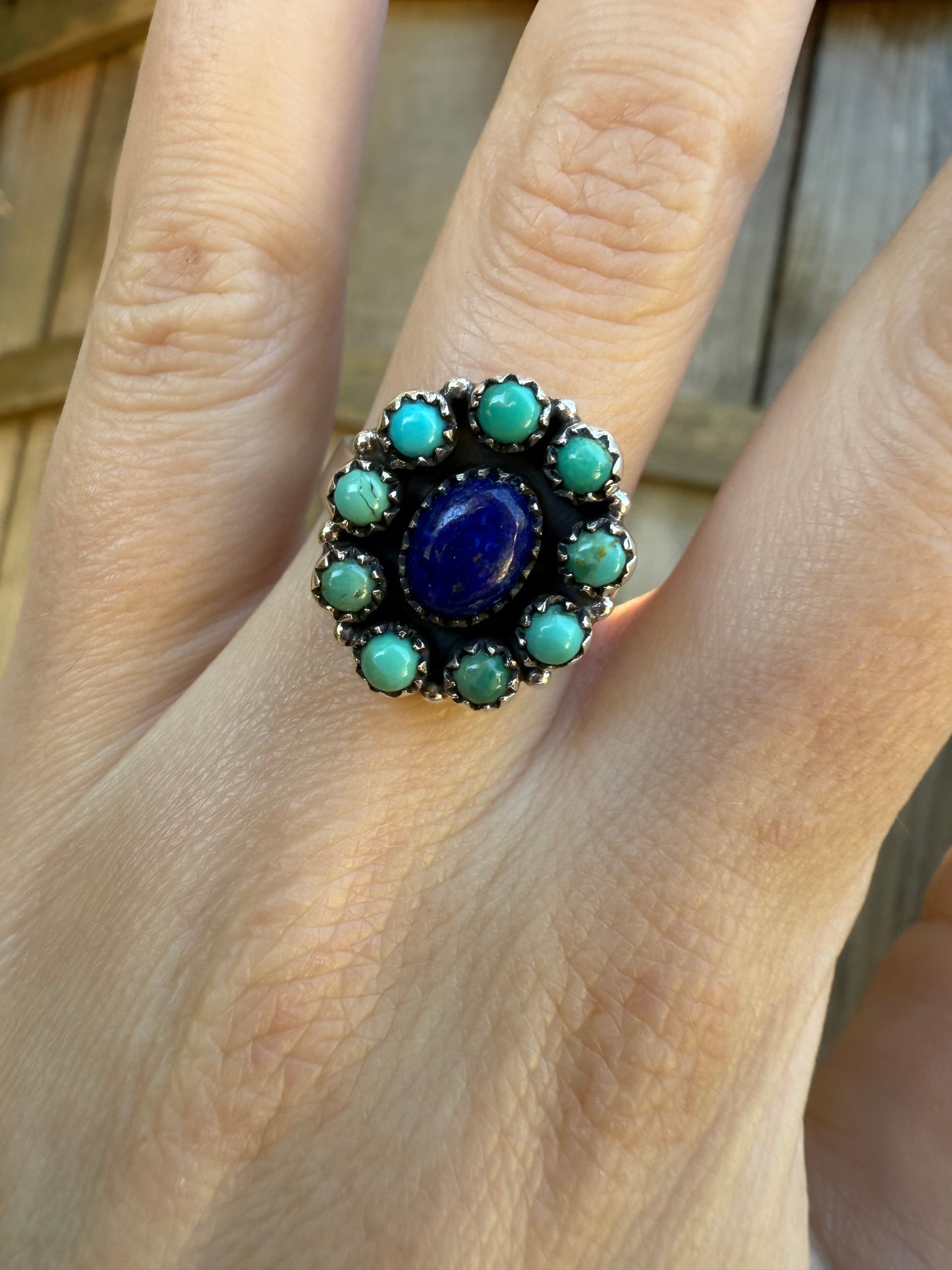 Turquoise and Blue Lapis Full Flower Sterling Silver Adjustable Ring