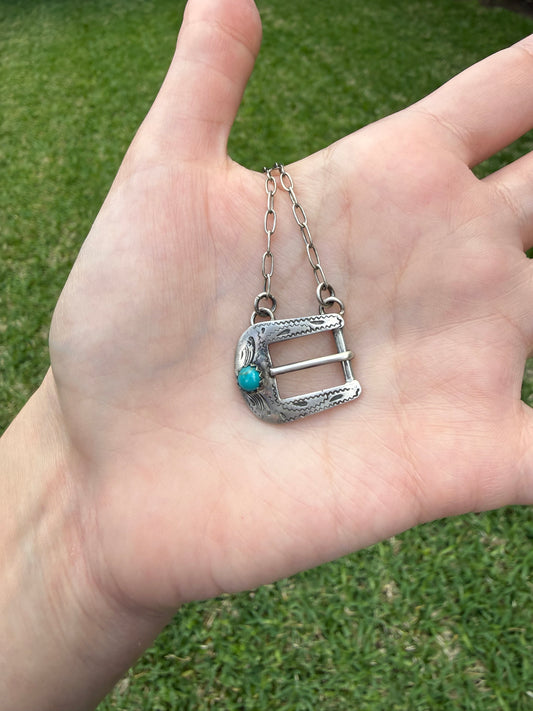 Navajo Turquoise Belt Buckle Sterling Silver Necklace