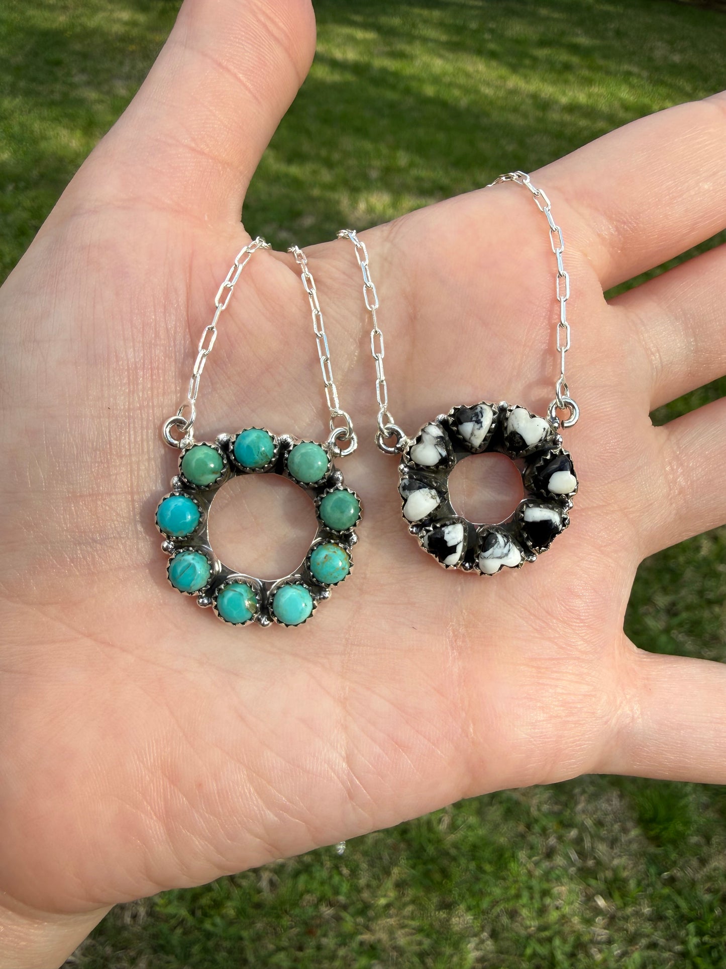 Circle Turquoise and White Buffalo Sterling Silver Necklace