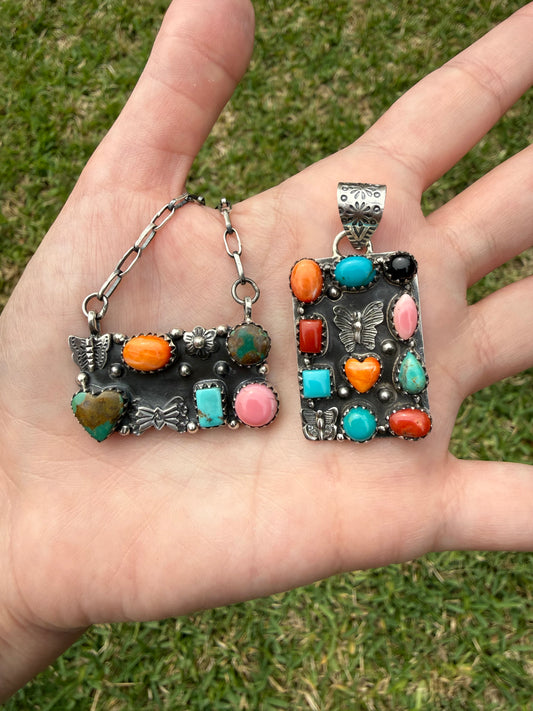 Multi Stone Butterfly Cluster Sterling Silver Pendant and Necklace