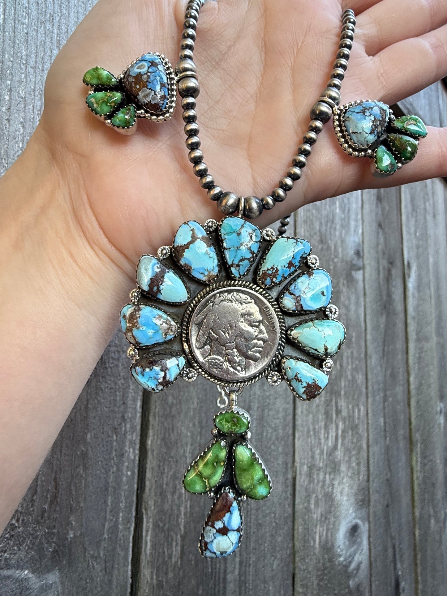 Liberty Coin Golden Hills and Sonoran Gold TurquoiseStatement Sterling Silver Necklace