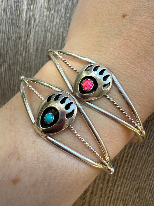 Navajo Bear Paw Turquoise and Hot Pink Balloon Opal Sterling Silver Cuff