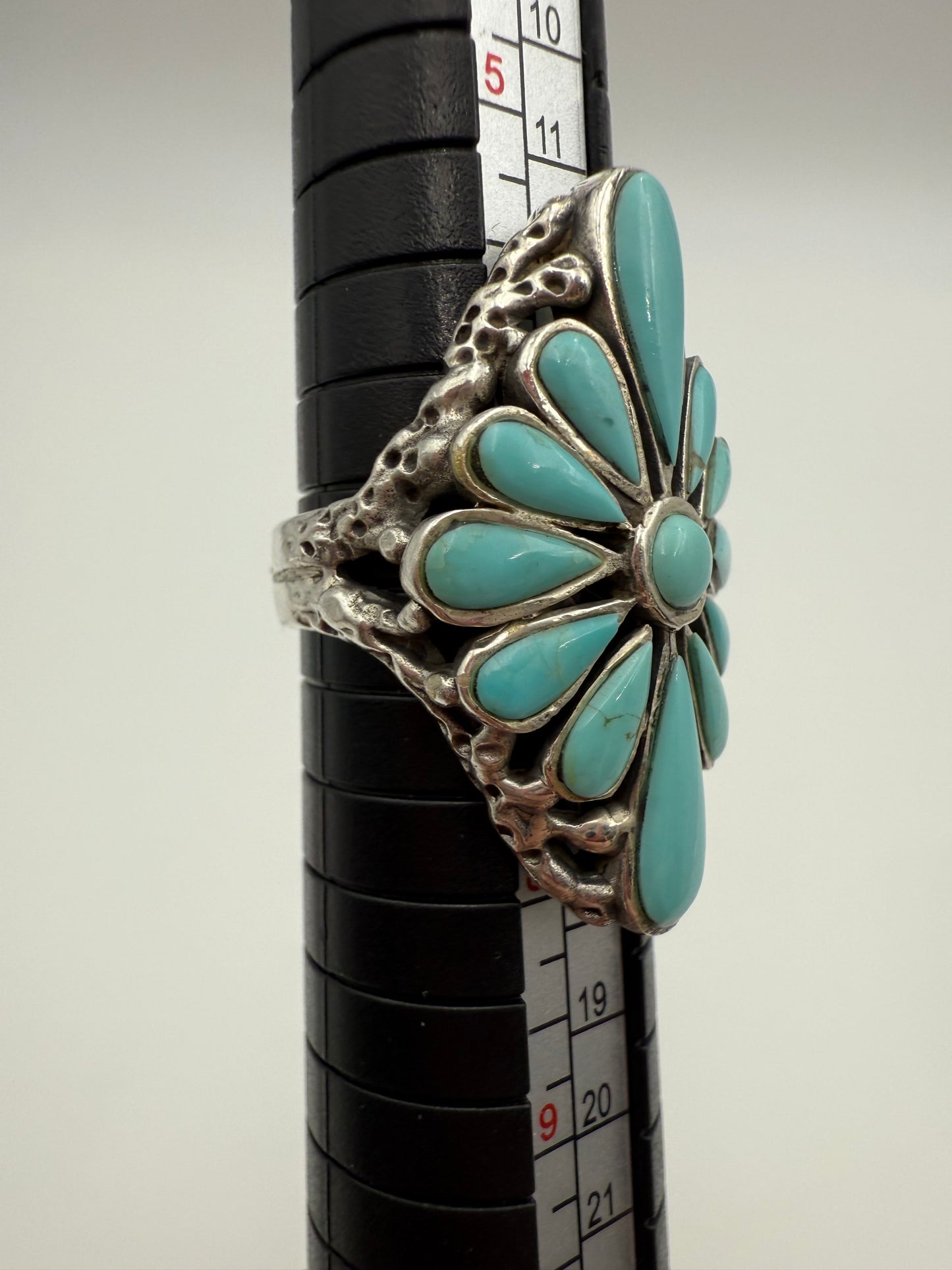 Inlayed Turquoise Statement Flower Sterling Silver Ring - Size 7 Adjustable