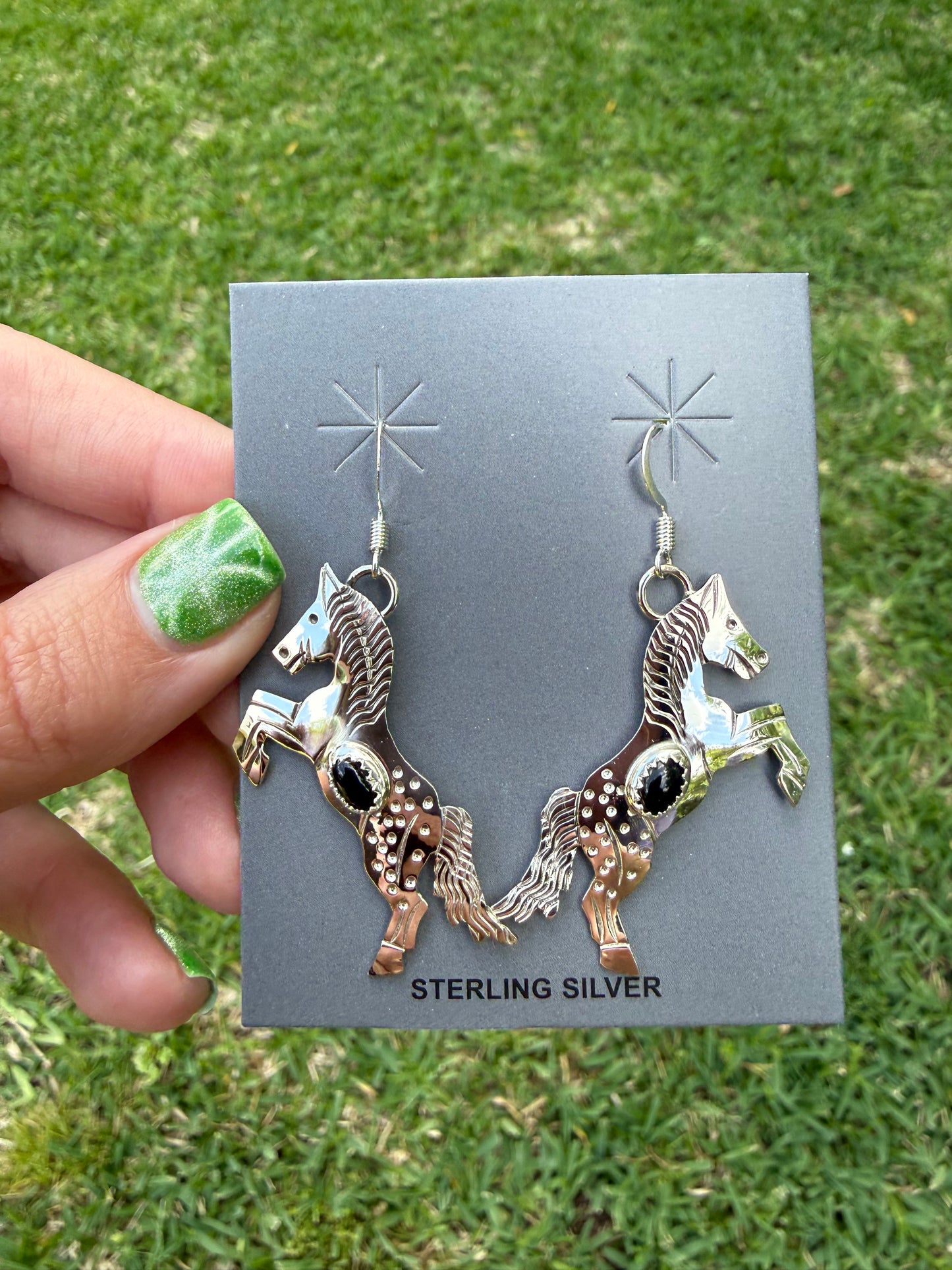 Navajo Black Onyx Horse Sterling Silver Earrings by Louise Yazzie