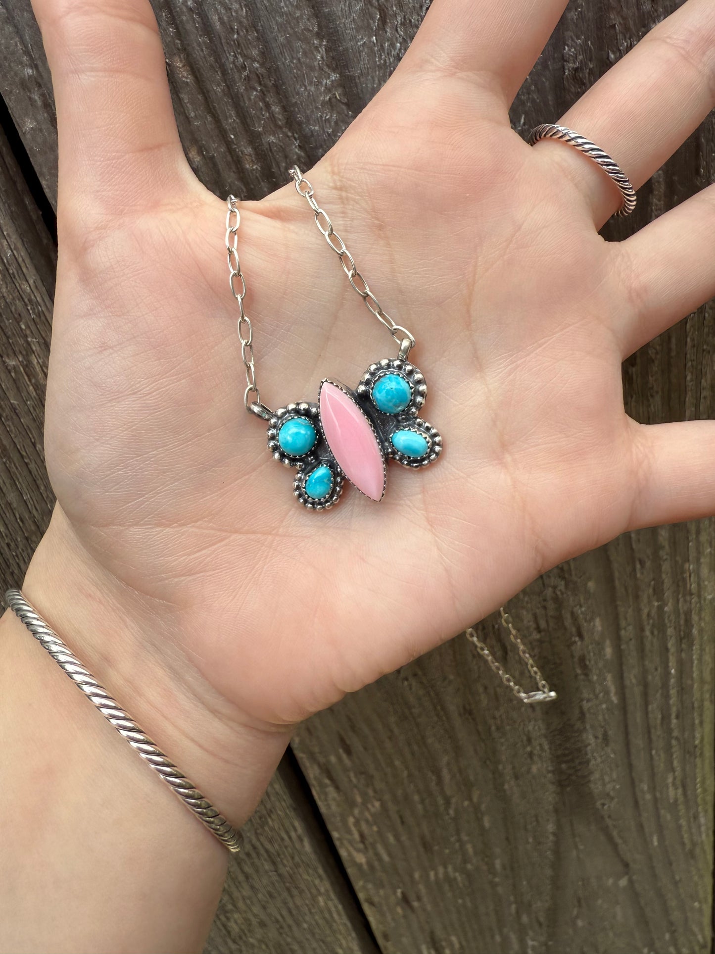 Pink Conch and Blue Bird Butterfly Necklace By Midwest Western Wear