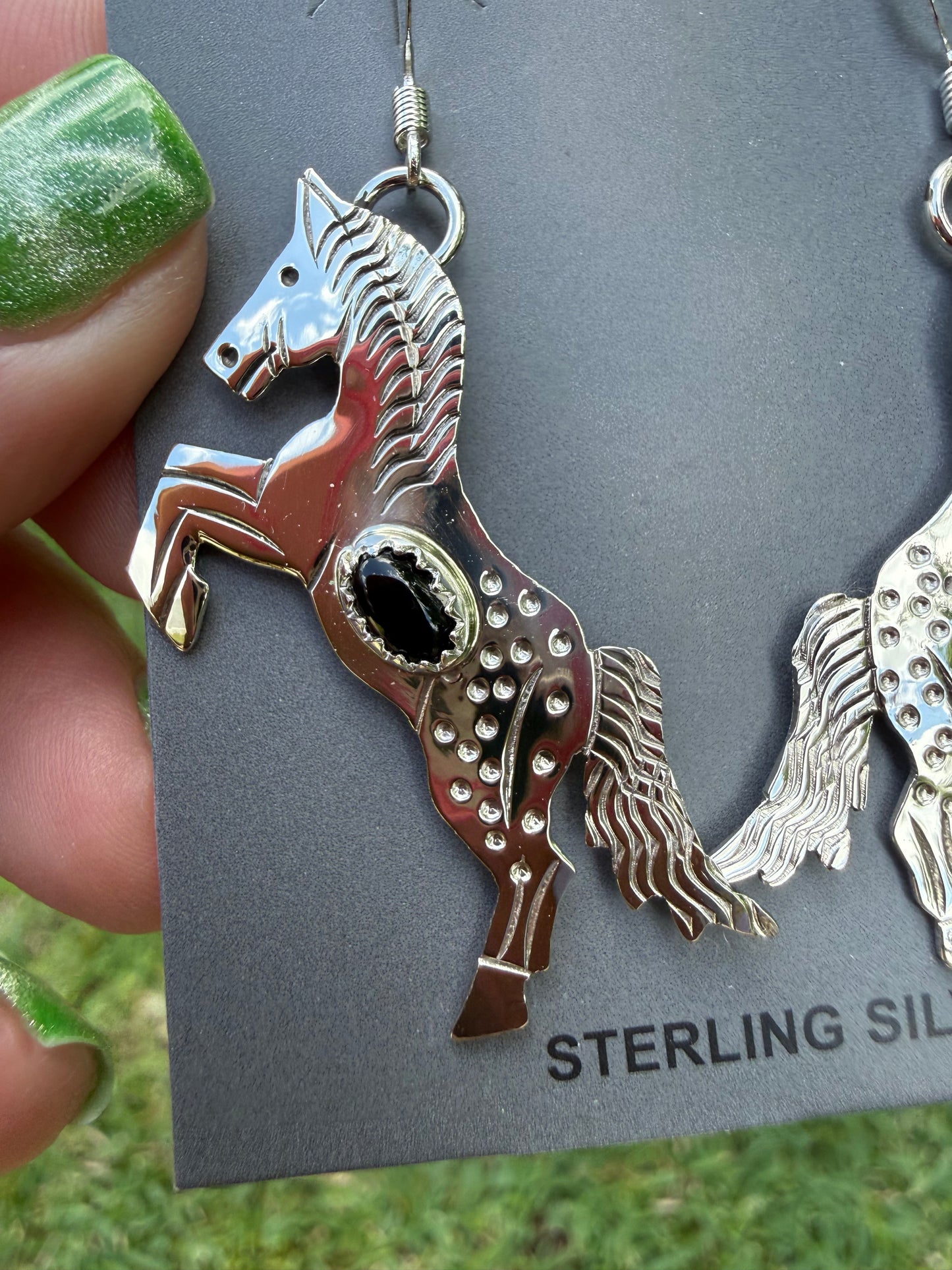Navajo Black Onyx Horse Sterling Silver Earrings by Louise Yazzie