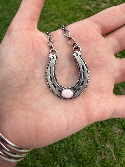 Navajo Pink Conch Horseshoe Sterling Silver Necklace