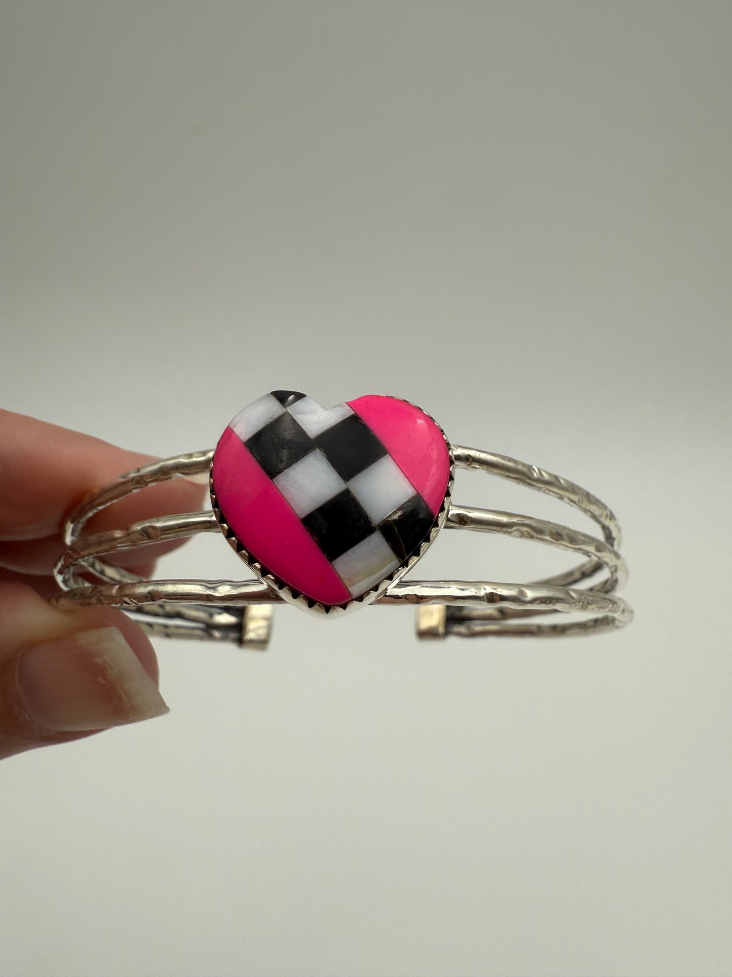 Checkered Heart Sterling Silver Cuff
