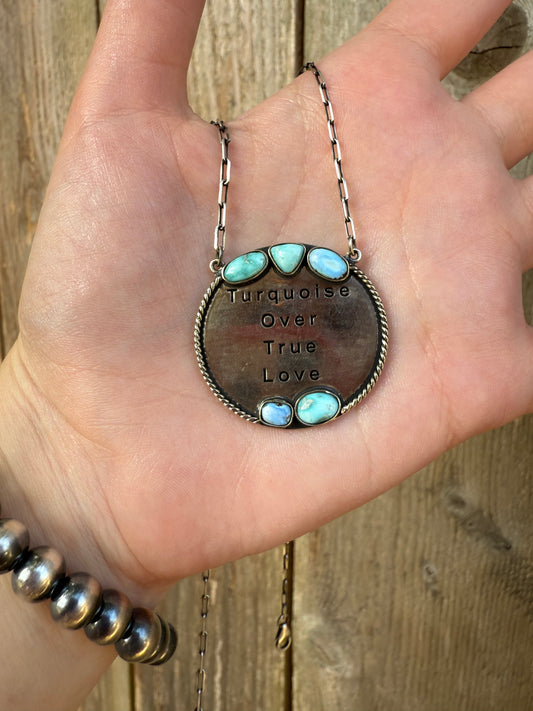 Turquoise Over True Love Plate Style Sterling Silver Necklace