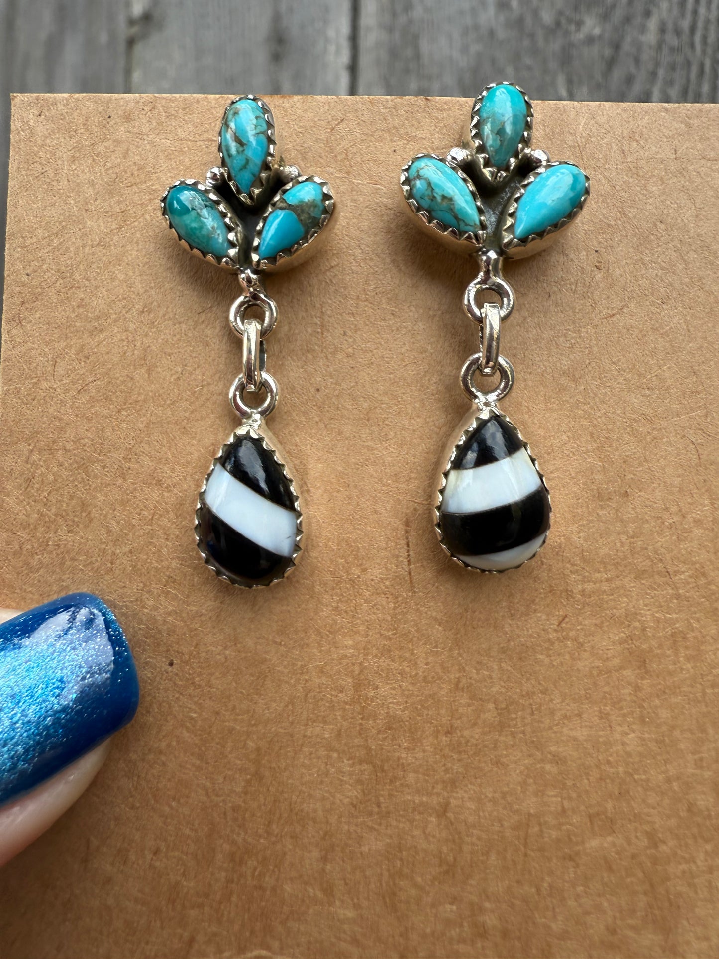 Turquoise with Black And White Strip Dangle 925 Earrings