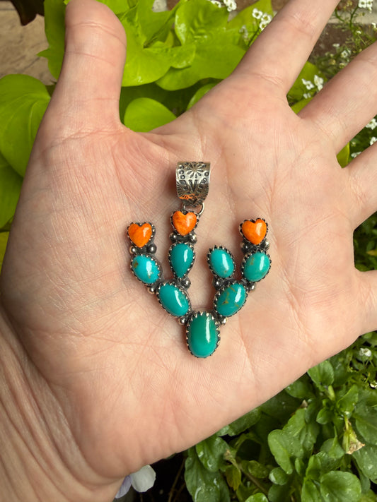 Kingman and Orange Spiny Heart Cactus Sterling Silver Pendant