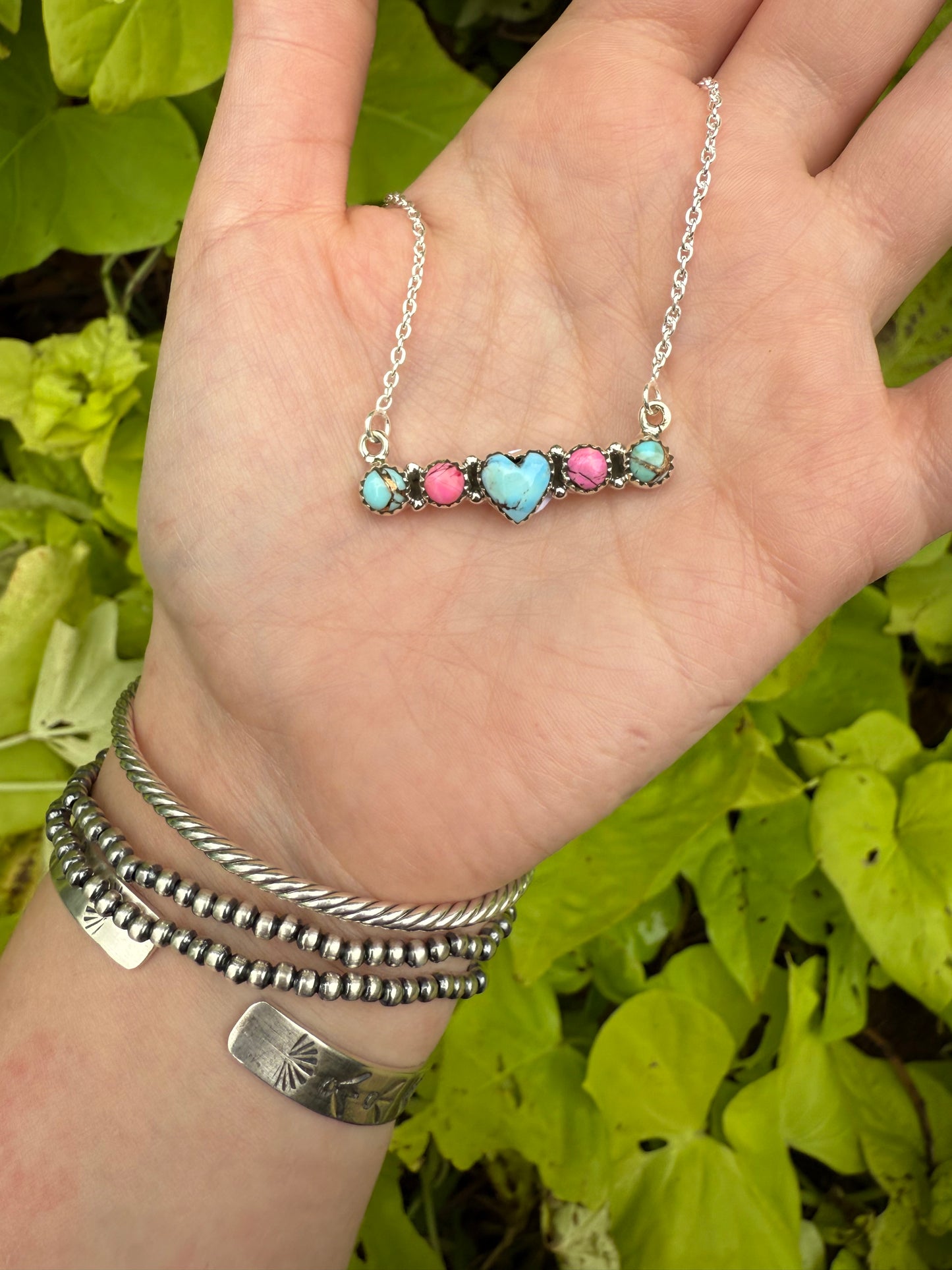 Cotton Candy And Golden Hills TurquoiseHeart Sterling Silver Bar Necklace