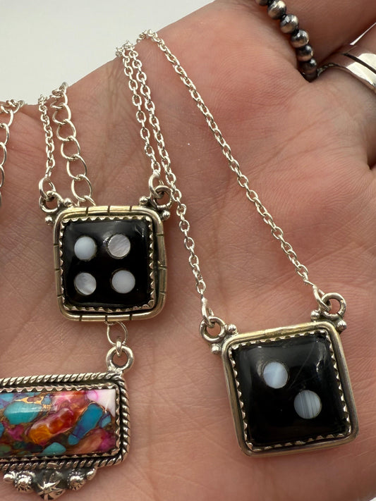 Black Onyx And Mother of Pearl Sterling Silver Dice Necklace