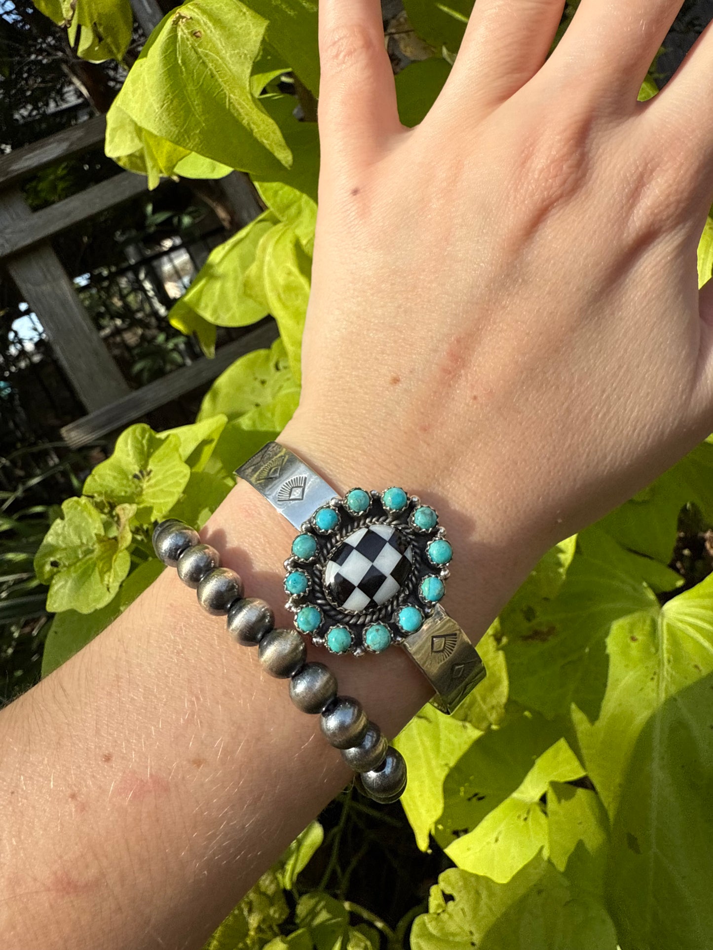 Turquoise and Checkered Flower Style Sterling Silver Cuff