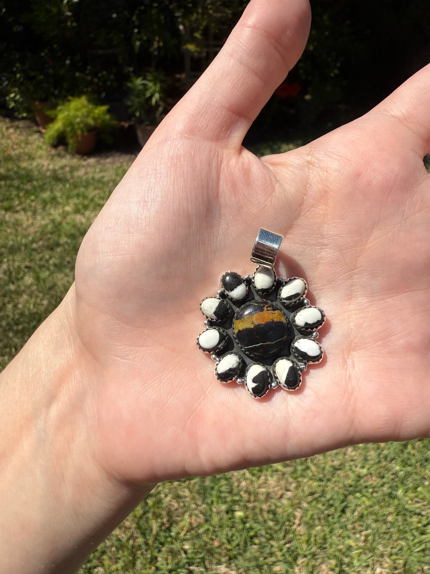 Blackjack And White Buffalo Full Flower Cluster Sterling Silver Pendant