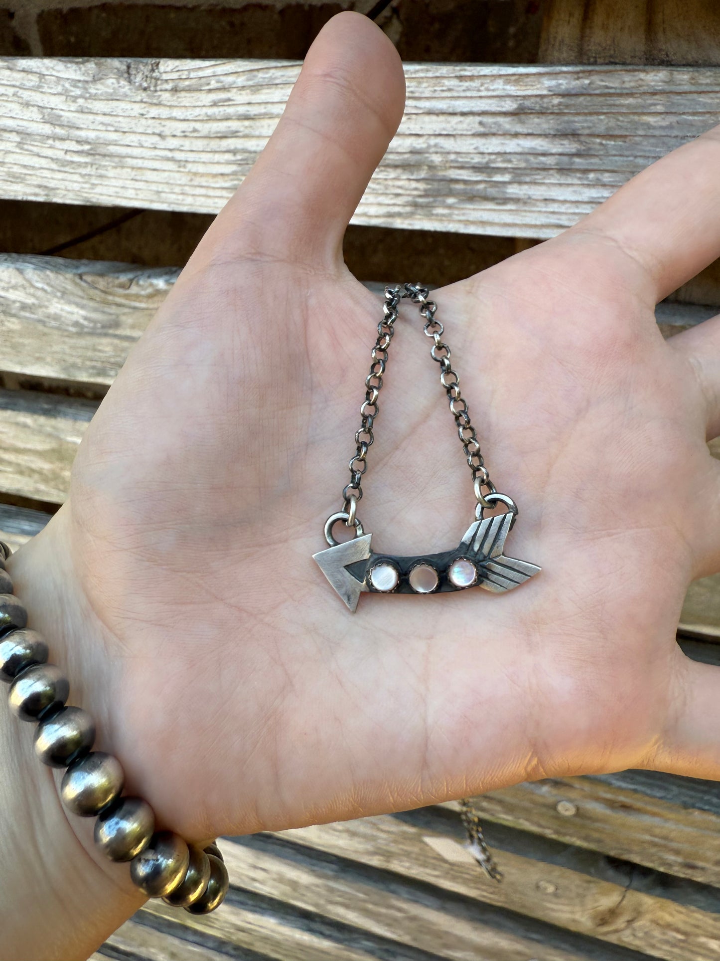 Navajo Mother Of Pearl Arrow Sterling Silver Necklace by Harold Tahe