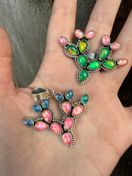 Balloon Opal Cactus Sterling Silver Pendant and Ring
