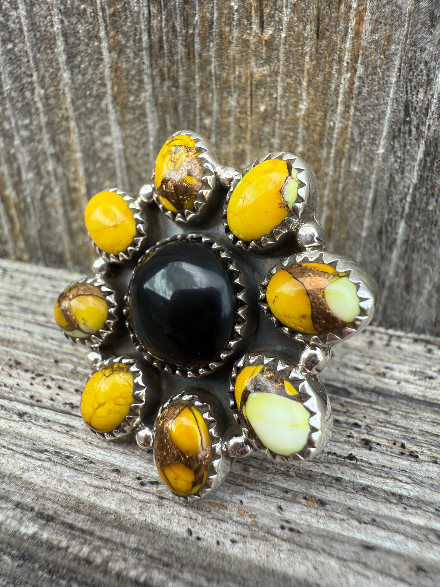 Honey Dahlia & Black Onyx Gemstone Sterling Silver Size 7 Adjustable Ring