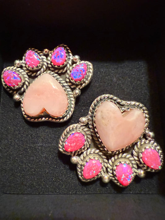 Pink Opal & Mimosa Heart or Paw Sterling Silver 925 Earrings