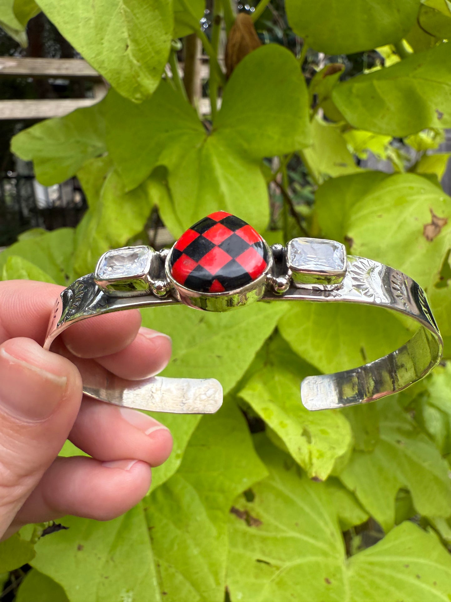 Red and Black Checkered Sterling Silver 925 Cuff