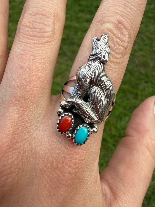 Navajo Turquoise and Coral Wolf Sterling Silver Ring - Size 8