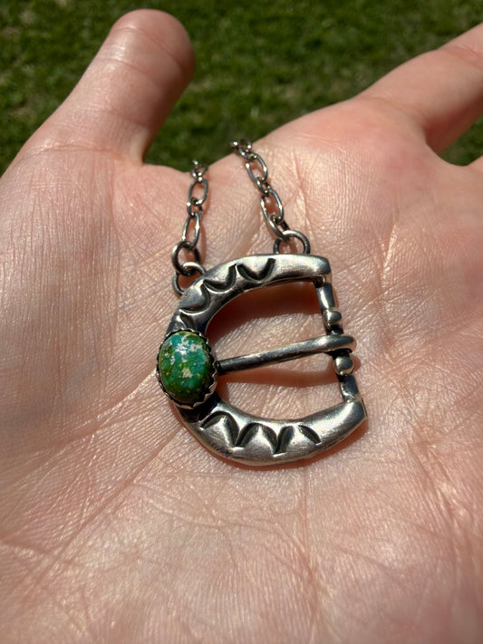 Navajo Sonoran Gold Turquoise Sterling Silver Belt Buckle Necklace