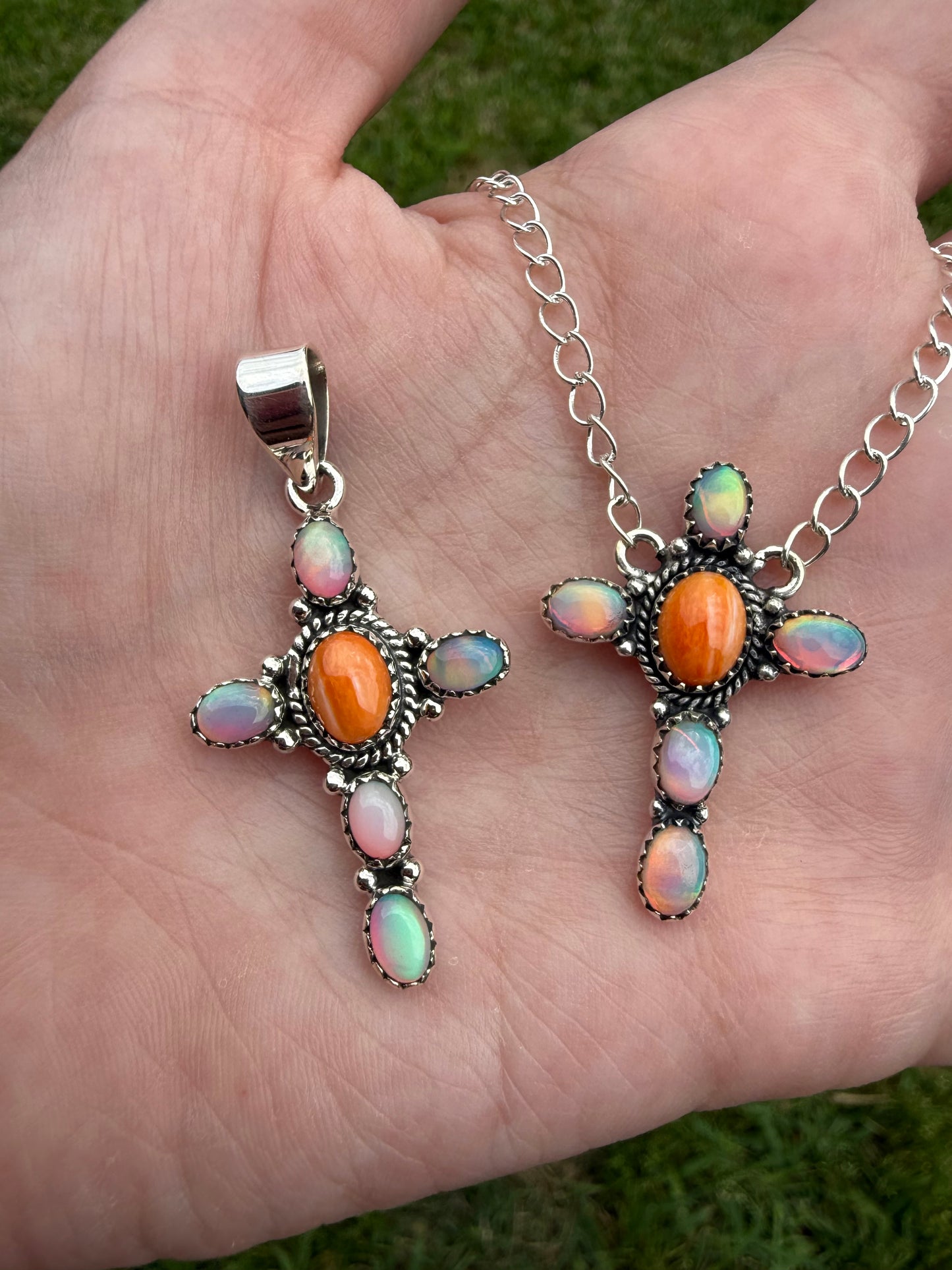 Orange Spiny and Balloon Opal Cross Sterling Silver Pendant Or Necklace