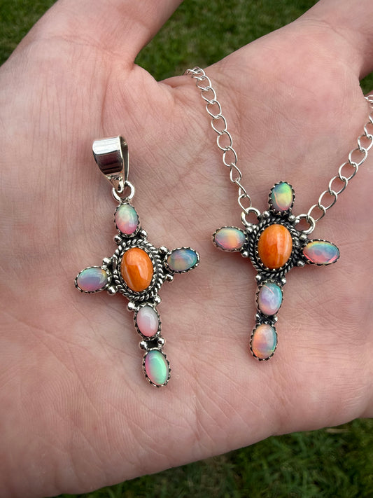 Orange Spiny and Balloon Opal Cross Sterling Silver Pendant Or Necklace