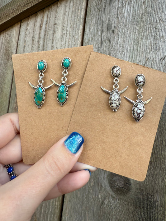 Turquoise and Wild Horse Longhorn Dangle Sterling Silver Earrings