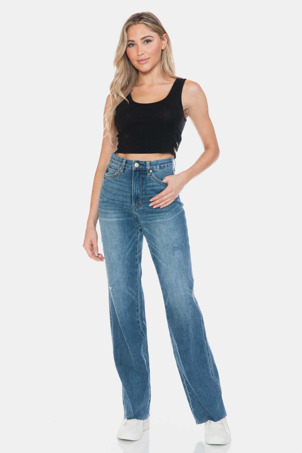 The Go To Judy Blue Full Size Tummy Control Cut Raw Hem Straight Jeans