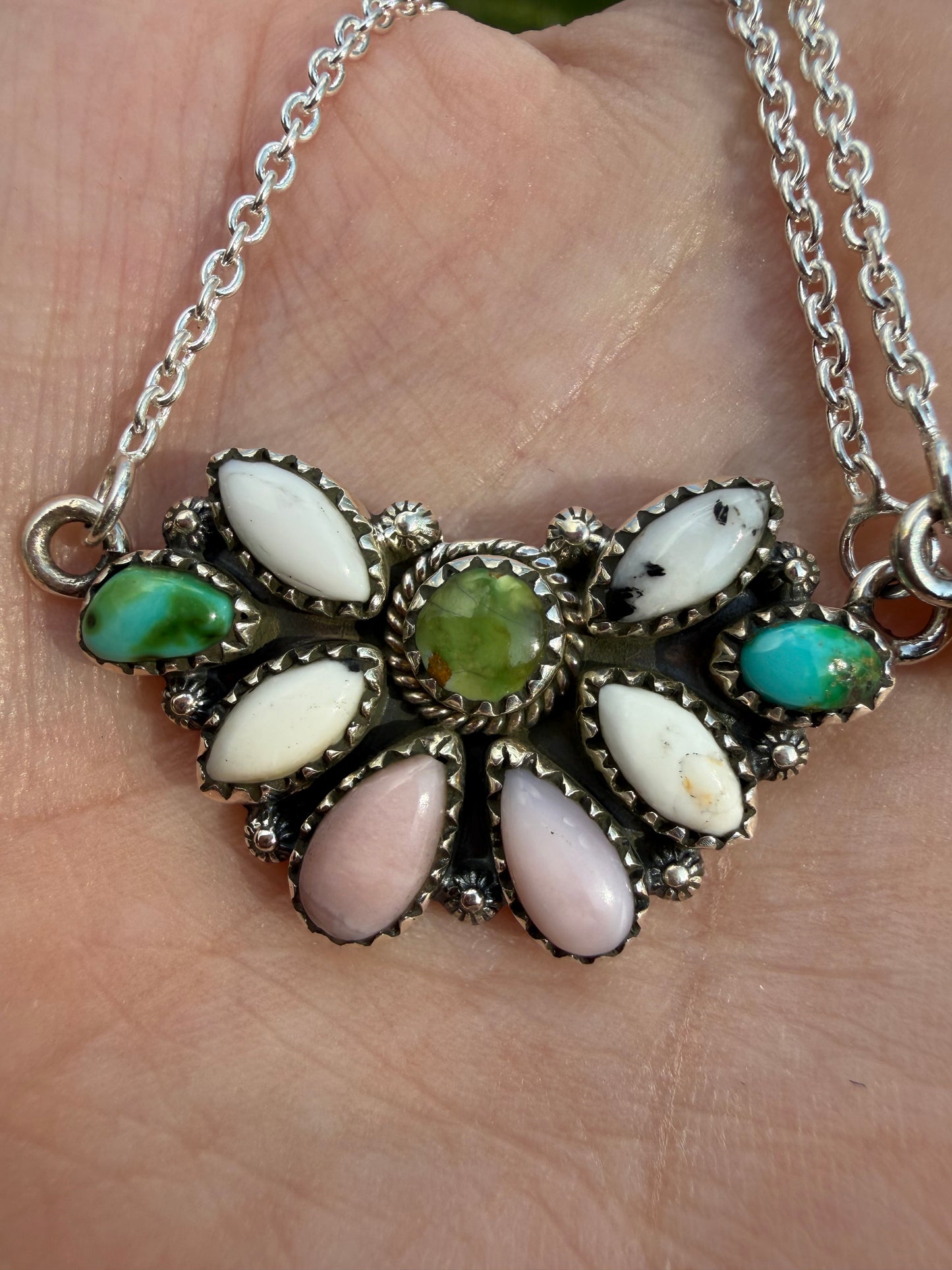 Sonoran Gold Turquoise White Buffalo And Ponk Opal Sterling Silver Necklace