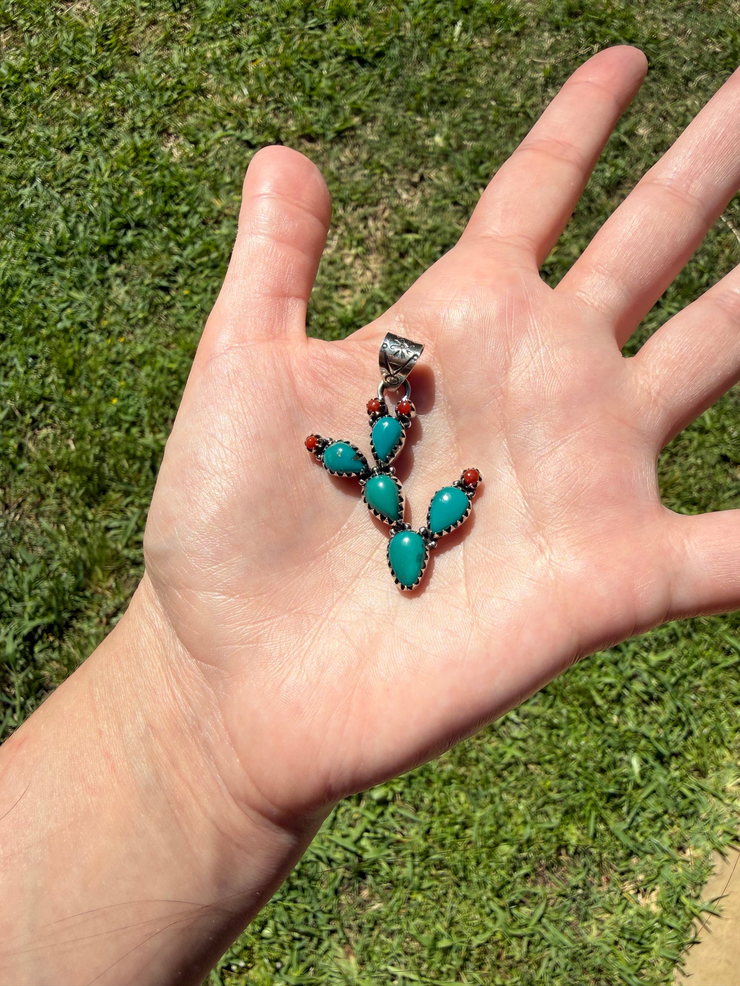 Kingman Turquoise and Coral Sterling Silver Pendant