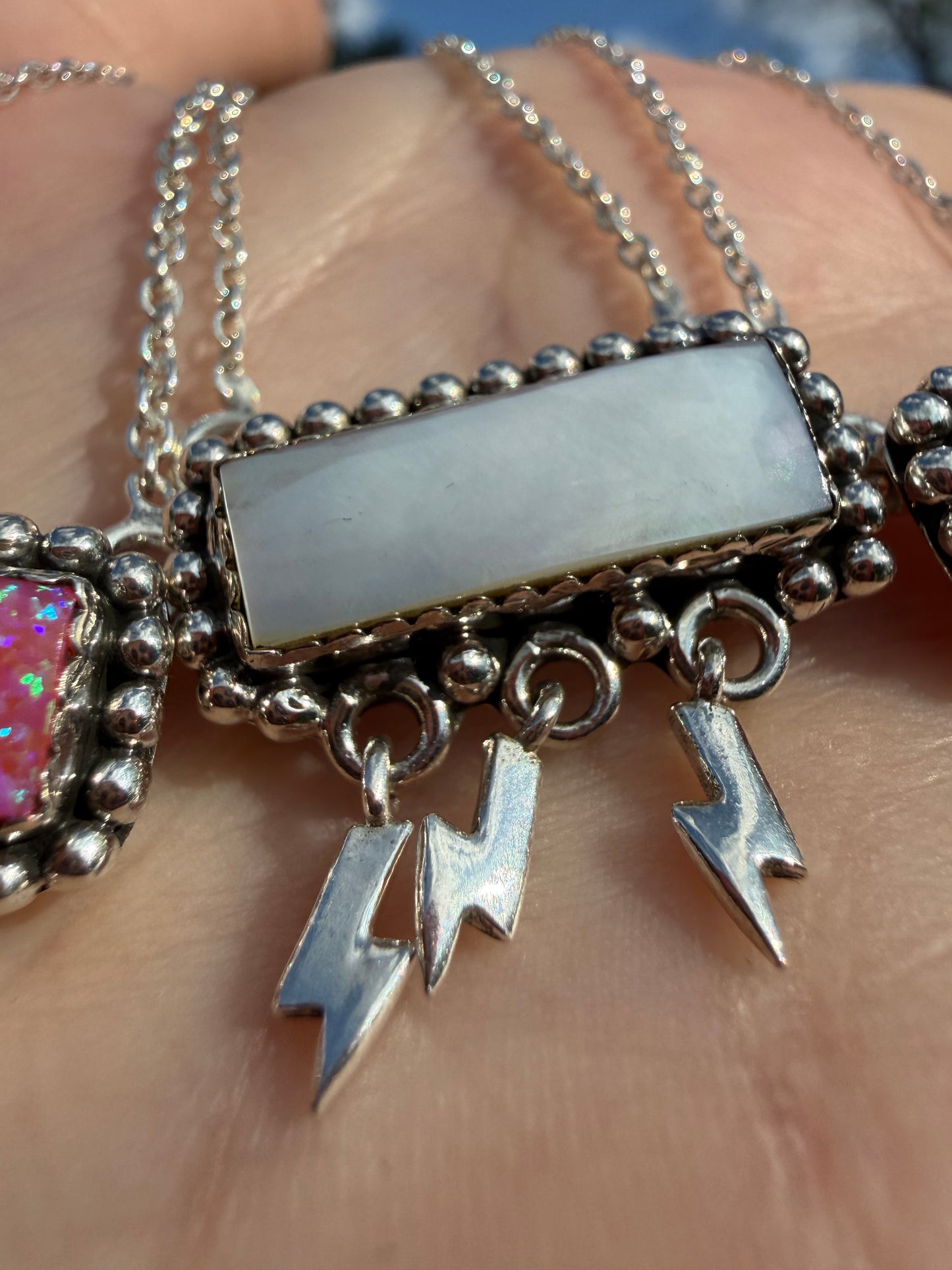 Lightening Bolt Triple Dangle Bar Sterling Silver Gemstone Necklace