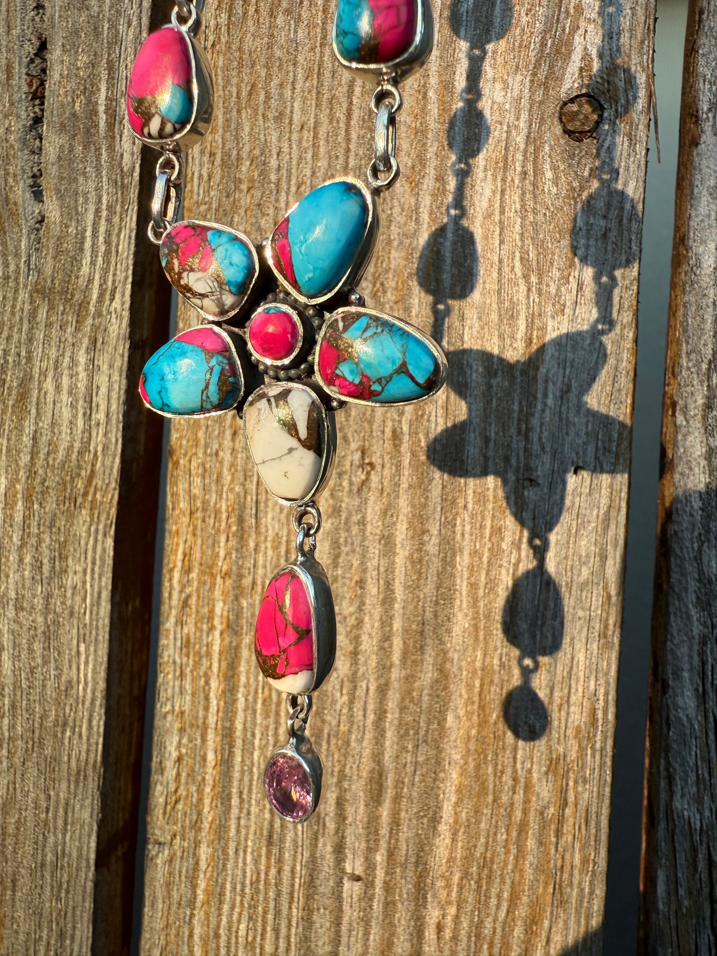 Cotton Candy Turquoise With CZ Crystals Colorful Stone Sterling Necklace 925