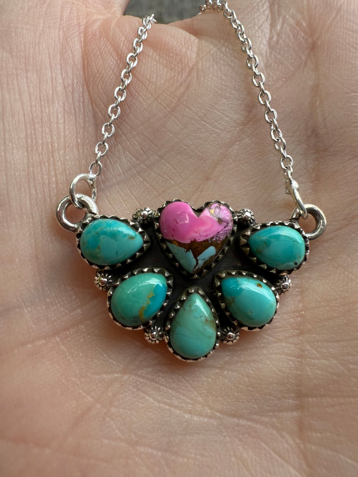 Cotton Candy And Kingman Turquoise Heart Half Flower Sterling Silver Necklace