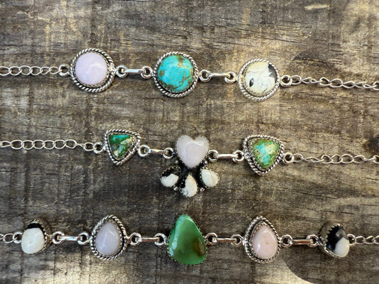 Sonoran Gold, White Buffalo, and Pink Opal Sterling Silver Fully Adjustable Bracelet