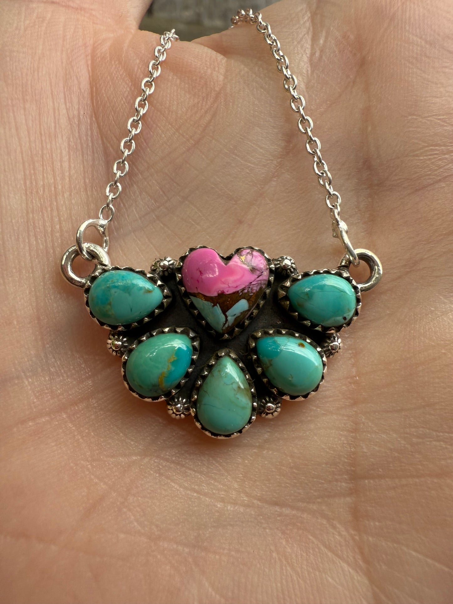 Cotton Candy And Kingman Turquoise Heart Half Flower Sterling Silver Necklace
