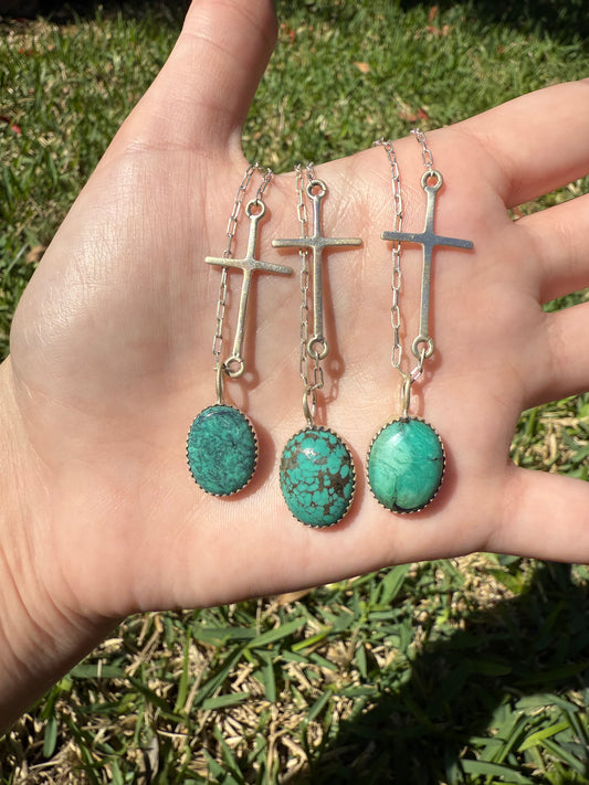 Turquoise Cross Chain Sterling Silver Necklace