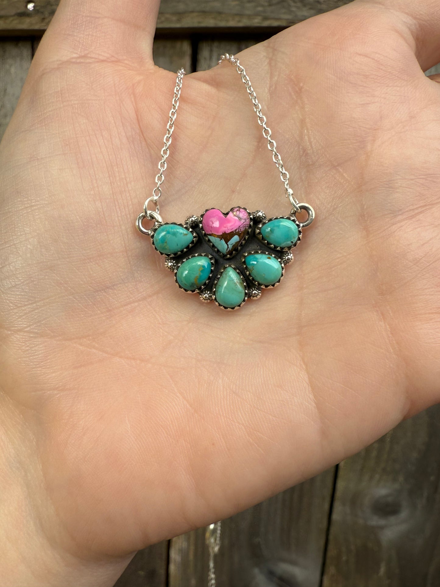 Cotton Candy And Kingman Turquoise Heart Half Flower Sterling Silver Necklace